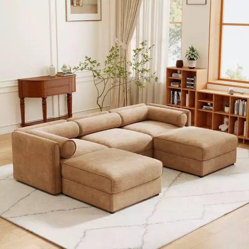 Élégant canapé en chenille blanche avec rangement sous l'assise et ottomane, en forme de U, 3 places, avec dossier et accoudoirs cylindriques