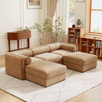 Élégant canapé en chenille blanche avec rangement sous l'assise et ottomane, en forme de U, 3 places, avec dossier et accoudoirs cylindriques