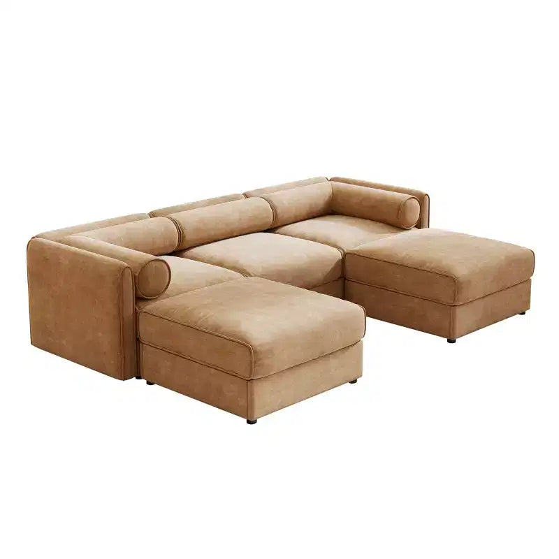 Élégant canapé en chenille blanche avec rangement sous l'assise et ottomane, en forme de U, 3 places, avec dossier et accoudoirs cylindriques