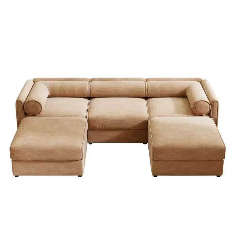 Élégant canapé en chenille blanche avec rangement sous l'assise et ottomane, en forme de U, 3 places, avec dossier et accoudoirs cylindriques