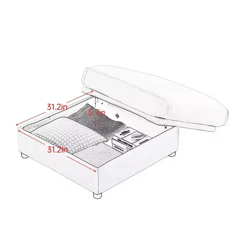 Élégant canapé en chenille blanche avec rangement sous l'assise et ottomane, en forme de U, 3 places, avec dossier et accoudoirs cylindriques