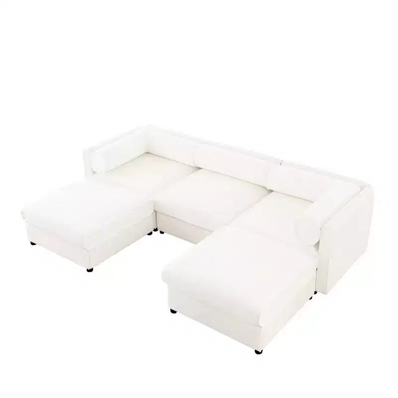 Élégant canapé en chenille blanche avec rangement sous l'assise et ottomane, en forme de U, 3 places, avec dossier et accoudoirs cylindriques