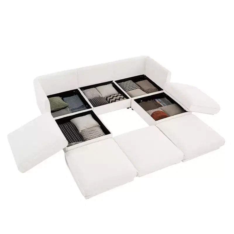 Élégant canapé en chenille blanche avec rangement sous l'assise et ottomane, en forme de U, 3 places, avec dossier et accoudoirs cylindriques
