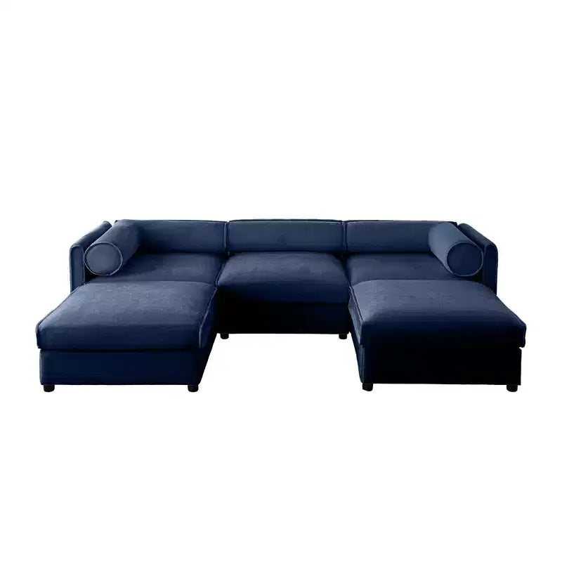 Élégant canapé en chenille blanche avec rangement sous l'assise et ottomane, en forme de U, 3 places, avec dossier et accoudoirs cylindriques