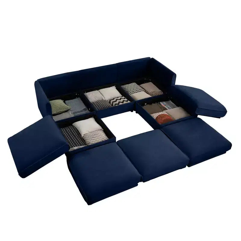 Élégant canapé en chenille blanche avec rangement sous l'assise et ottomane, en forme de U, 3 places, avec dossier et accoudoirs cylindriques