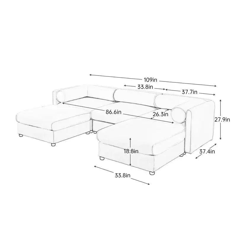 Élégant canapé en chenille blanche avec rangement sous l'assise et ottomane, en forme de U, 3 places, avec dossier et accoudoirs cylindriques