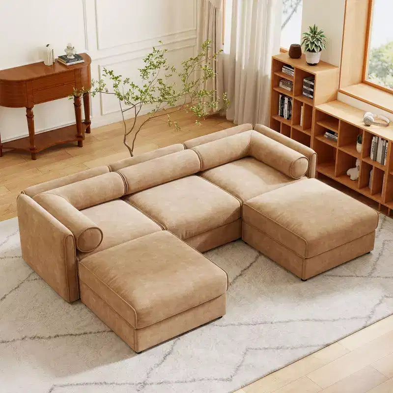 Élégant canapé en chenille blanche avec rangement sous l'assise et ottomane, en forme de U, 3 places, avec dossier et accoudoirs cylindriques