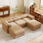 Élégant canapé en chenille blanche avec rangement sous l'assise et ottomane, en forme de U, 3 places, avec dossier et accoudoirs cylindriques