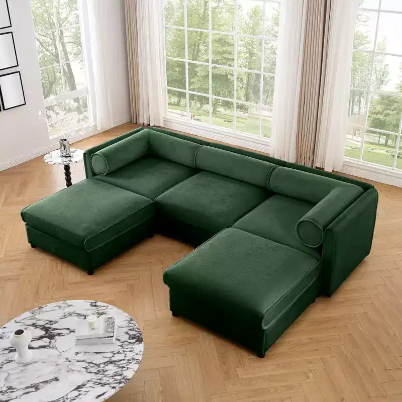 Élégant canapé en chenille blanche avec rangement sous l'assise et ottomane, en forme de U, 3 places, avec dossier et accoudoirs cylindriques