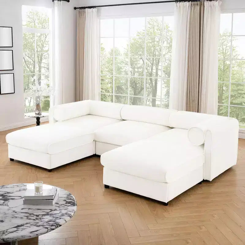 Élégant canapé en chenille blanche avec rangement sous l'assise et ottomane, en forme de U, 3 places, avec dossier et accoudoirs cylindriques