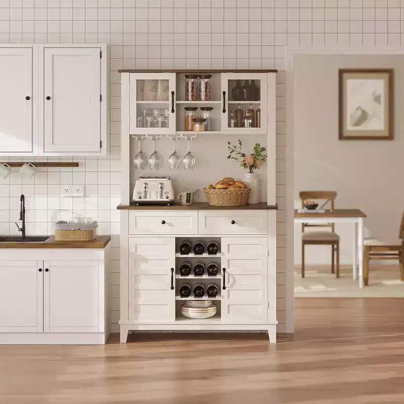 Meuble de rangement de cuisine de 183 cm de haut avec 4 portes et 2 tiroirs, casier à vin, grand espace de rangement, étagère réglable, comptoir de bar à café/vin
