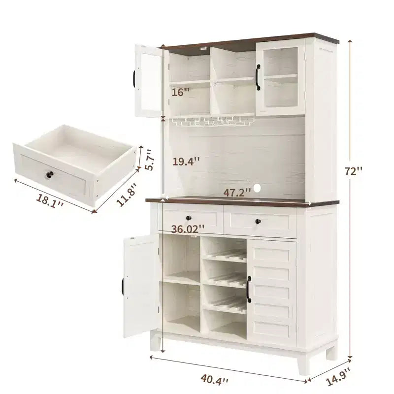Meuble de rangement de cuisine de 183 cm de haut avec 4 portes et 2 tiroirs, casier à vin, grand espace de rangement, étagère réglable, comptoir de bar à café/vin