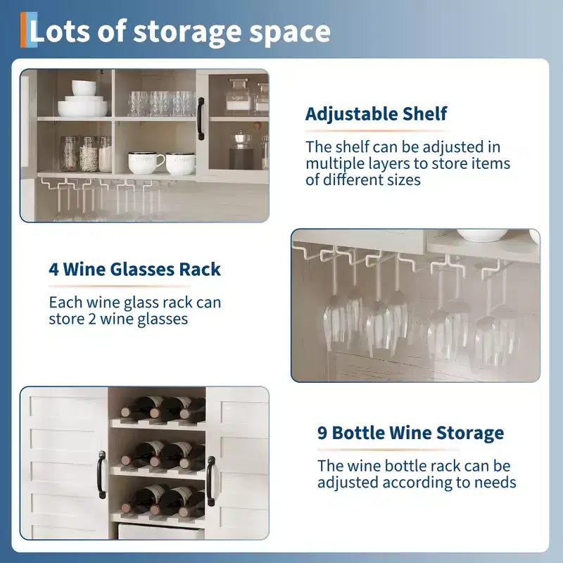 Meuble de rangement de cuisine de 183 cm de haut avec 4 portes et 2 tiroirs, casier à vin, grand espace de rangement, étagère réglable, comptoir de bar à café/vin