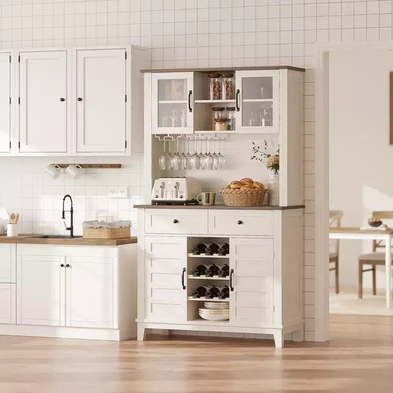 Meuble de rangement de cuisine de 183 cm de haut avec 4 portes et 2 tiroirs, casier à vin, grand espace de rangement, étagère réglable, comptoir de bar à café/vin