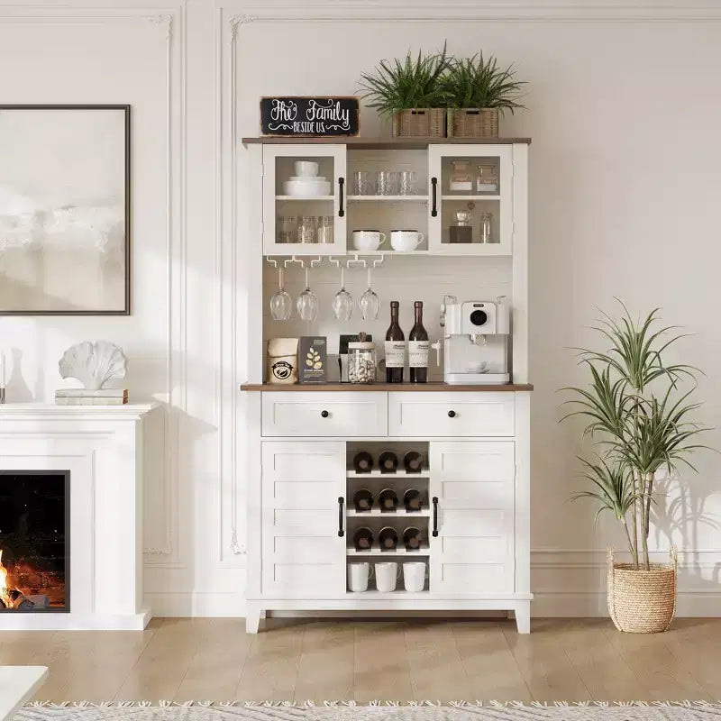Meuble de rangement de cuisine de 183 cm de haut avec 4 portes et 2 tiroirs, casier à vin, grand espace de rangement, étagère réglable, comptoir de bar à café/vin