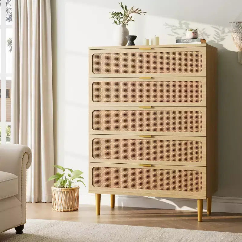 Commode 5 tiroirs pour chambre à coucher, commode haute avec tiroirs profonds, grande commode pour placard avec plateau large