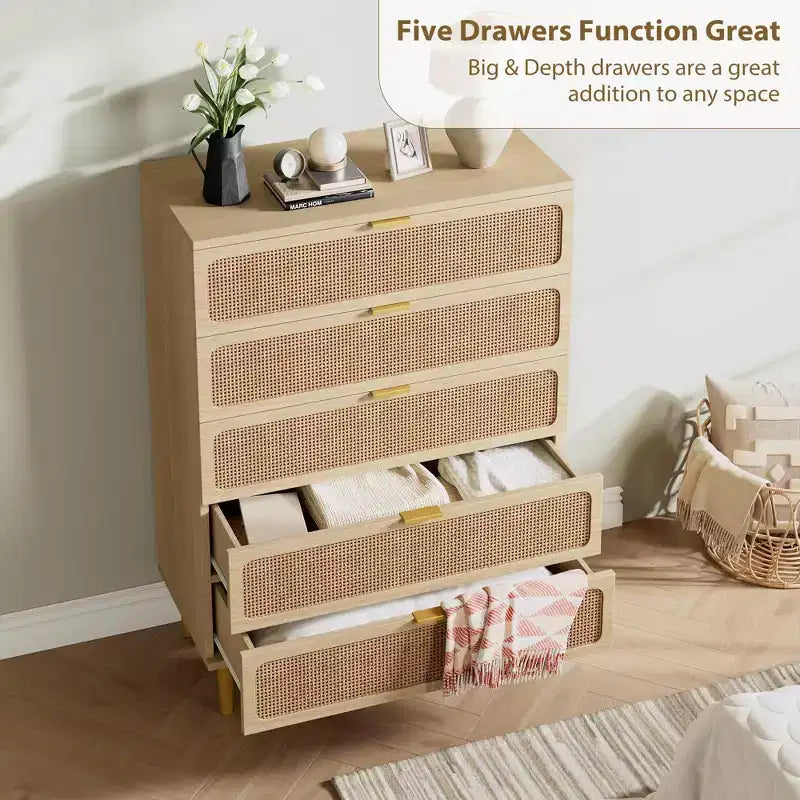 Commode 5 tiroirs pour chambre à coucher, commode haute avec tiroirs profonds, grande commode pour placard avec plateau large