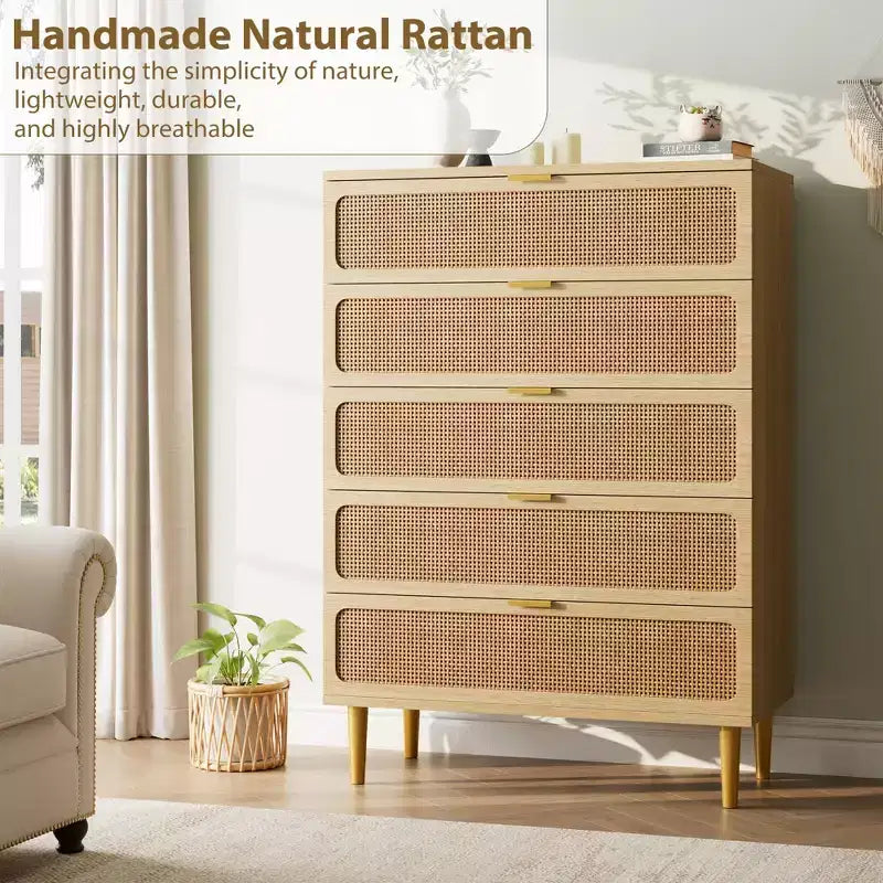 Commode 5 tiroirs pour chambre à coucher, commode haute avec tiroirs profonds, grande commode pour placard avec plateau large