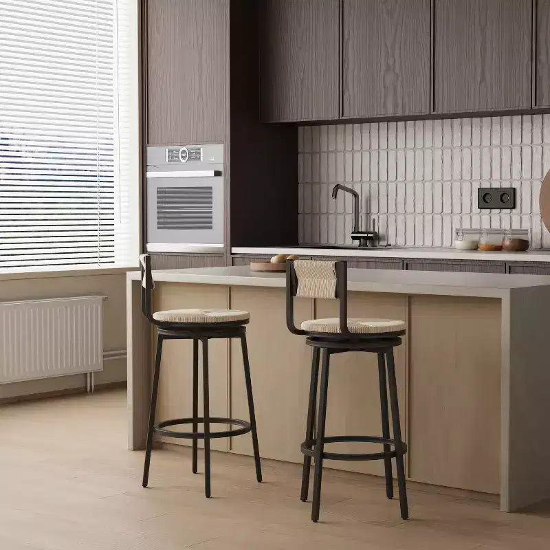 MAYEERTY Lot de 2 tabourets de bar pivotants blanc crème, avec cordes en papier tressées à la main et cadre en métal, pour comptoir de cuisine