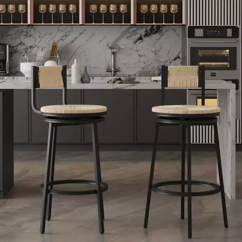 MAYEERTY Lot de 2 tabourets de bar pivotants blanc crème, avec cordes en papier tressées à la main et cadre en métal, pour comptoir de cuisine