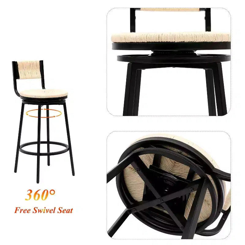 MAYEERTY Lot de 2 tabourets de bar pivotants blanc crème, avec cordes en papier tressées à la main et cadre en métal, pour comptoir de cuisine