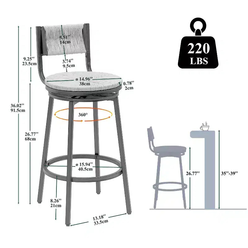MAYEERTY Lot de 2 tabourets de bar pivotants blanc crème, avec cordes en papier tressées à la main et cadre en métal, pour comptoir de cuisine