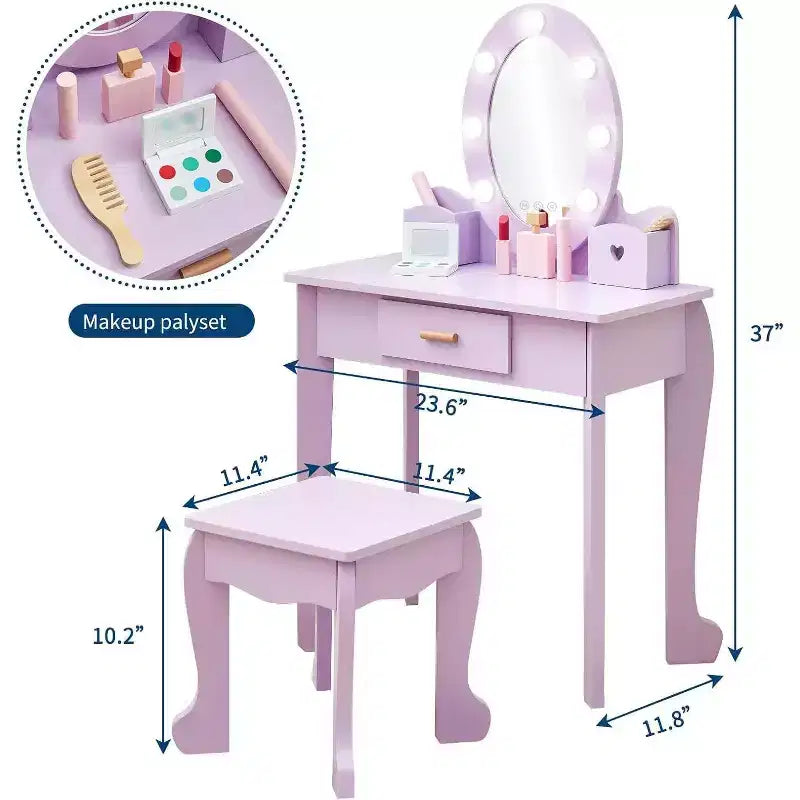 Set coiffeuse enfant, jeu d'imitation coiffeuse et tabouret pour fille, avec miroir lumineux, tabouret et jouets de maquillage en bois
