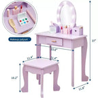Set coiffeuse enfant, jeu d'imitation coiffeuse et tabouret pour fille, avec miroir lumineux, tabouret et jouets de maquillage en bois