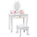Set coiffeuse enfant, jeu d'imitation coiffeuse et tabouret pour fille, avec miroir lumineux, tabouret et jouets de maquillage en bois