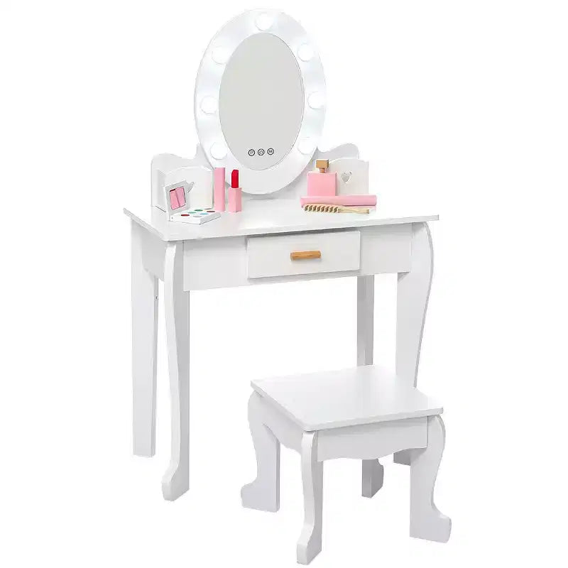 Set coiffeuse enfant, jeu d'imitation coiffeuse et tabouret pour fille, avec miroir lumineux, tabouret et jouets de maquillage en bois
