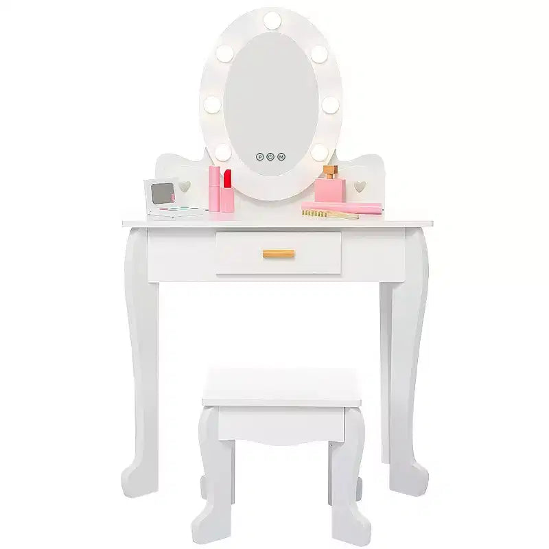 Set coiffeuse enfant, jeu d'imitation coiffeuse et tabouret pour fille, avec miroir lumineux, tabouret et jouets de maquillage en bois