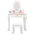 Set coiffeuse enfant, jeu d'imitation coiffeuse et tabouret pour fille, avec miroir lumineux, tabouret et jouets de maquillage en bois