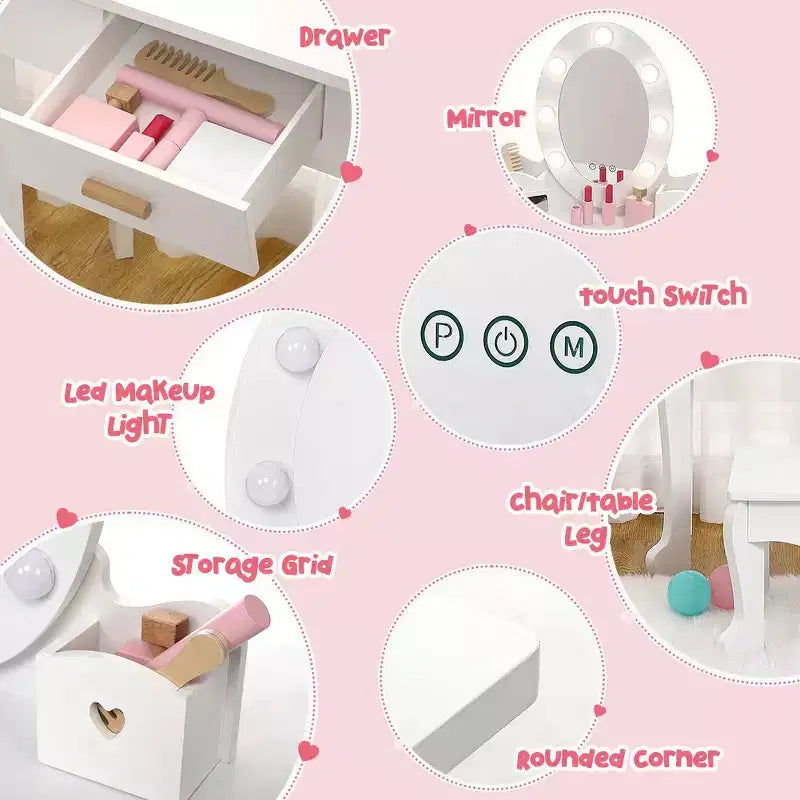 Set coiffeuse enfant, jeu d'imitation coiffeuse et tabouret pour fille, avec miroir lumineux, tabouret et jouets de maquillage en bois