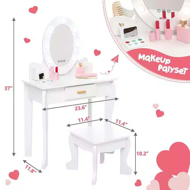 Set coiffeuse enfant, jeu d'imitation coiffeuse et tabouret pour fille, avec miroir lumineux, tabouret et jouets de maquillage en bois