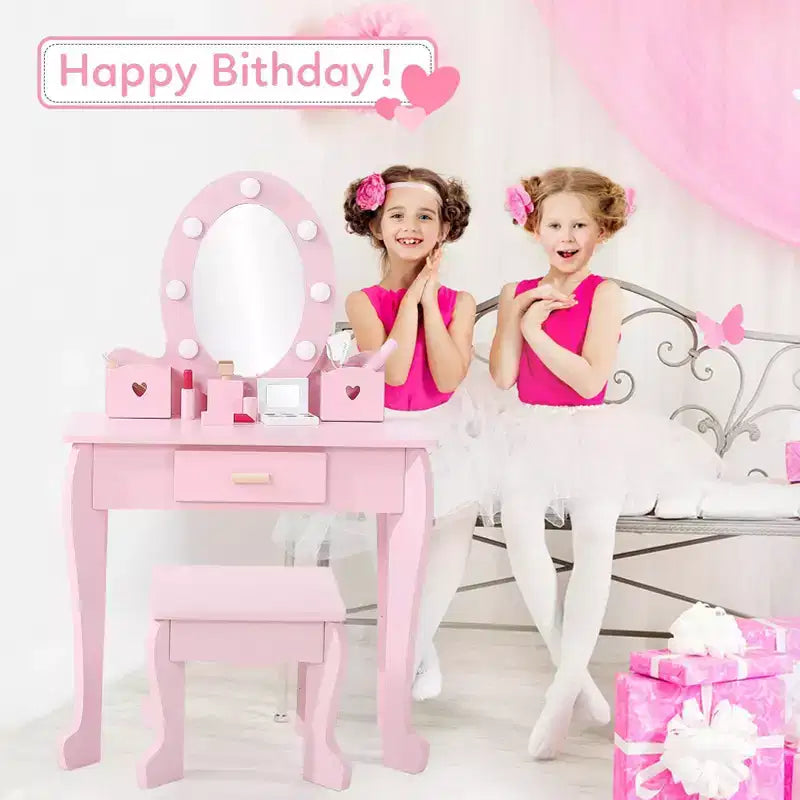 Set coiffeuse enfant, jeu d'imitation coiffeuse et tabouret pour fille, avec miroir lumineux, tabouret et jouets de maquillage en bois