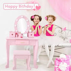 Set coiffeuse enfant, jeu d'imitation coiffeuse et tabouret pour fille, avec miroir lumineux, tabouret et jouets de maquillage en bois