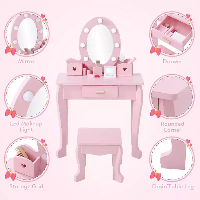 Set coiffeuse enfant, jeu d'imitation coiffeuse et tabouret pour fille, avec miroir lumineux, tabouret et jouets de maquillage en bois