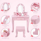 Set coiffeuse enfant, jeu d'imitation coiffeuse et tabouret pour fille, avec miroir lumineux, tabouret et jouets de maquillage en bois