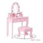 Set coiffeuse enfant, jeu d'imitation coiffeuse et tabouret pour fille, avec miroir lumineux, tabouret et jouets de maquillage en bois