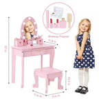 Set coiffeuse enfant, jeu d'imitation coiffeuse et tabouret pour fille, avec miroir lumineux, tabouret et jouets de maquillage en bois