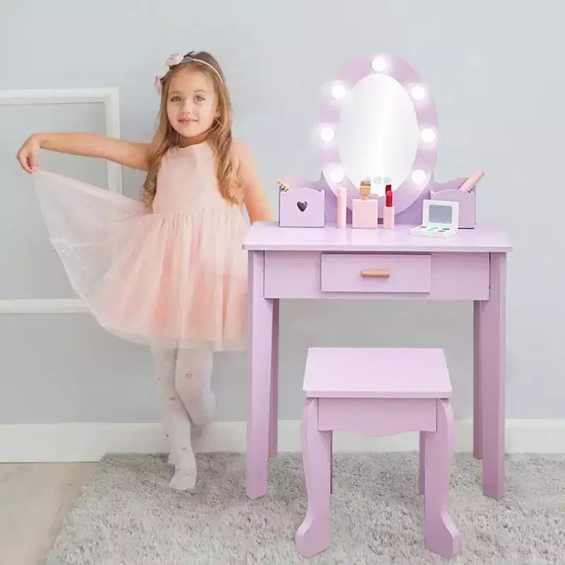 Set coiffeuse enfant, jeu d'imitation coiffeuse et tabouret pour fille, avec miroir lumineux, tabouret et jouets de maquillage en bois