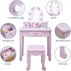 Set coiffeuse enfant, jeu d'imitation coiffeuse et tabouret pour fille, avec miroir lumineux, tabouret et jouets de maquillage en bois