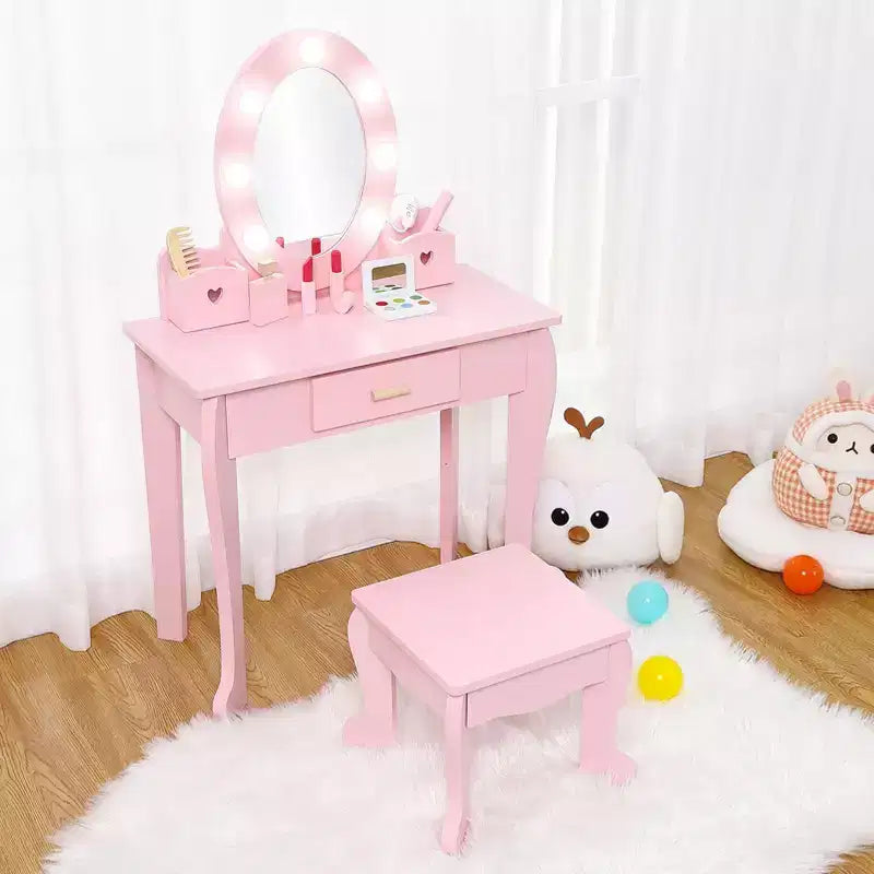Children's dressing table set,pretend game girl dressing table and chair set,with light colored mirror,stool and wooden makeup toys