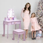 Set coiffeuse enfant, jeu d'imitation coiffeuse et tabouret pour fille, avec miroir lumineux, tabouret et jouets de maquillage en bois