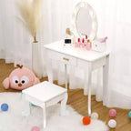 Set coiffeuse enfant, jeu d'imitation coiffeuse et tabouret pour fille, avec miroir lumineux, tabouret et jouets de maquillage en bois