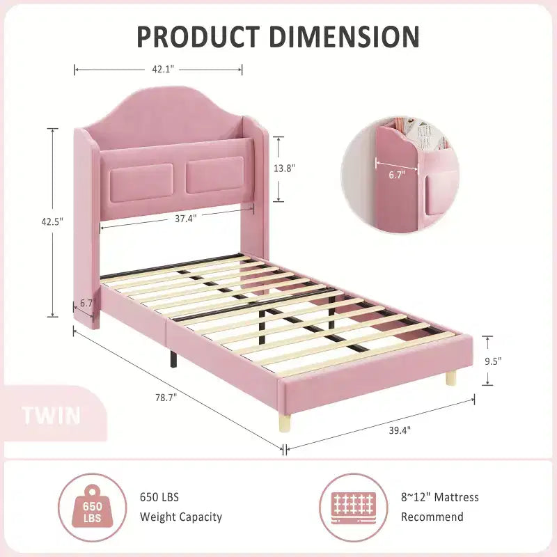 Cadre de lit double rembourré GustoWave, avec tête de lit de rangement à dossier ailé et lumières LED