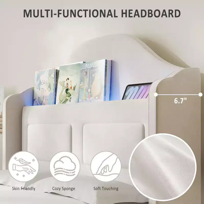 Cadre de lit double rembourré GustoWave, avec tête de lit de rangement à dossier ailé et lumières LED