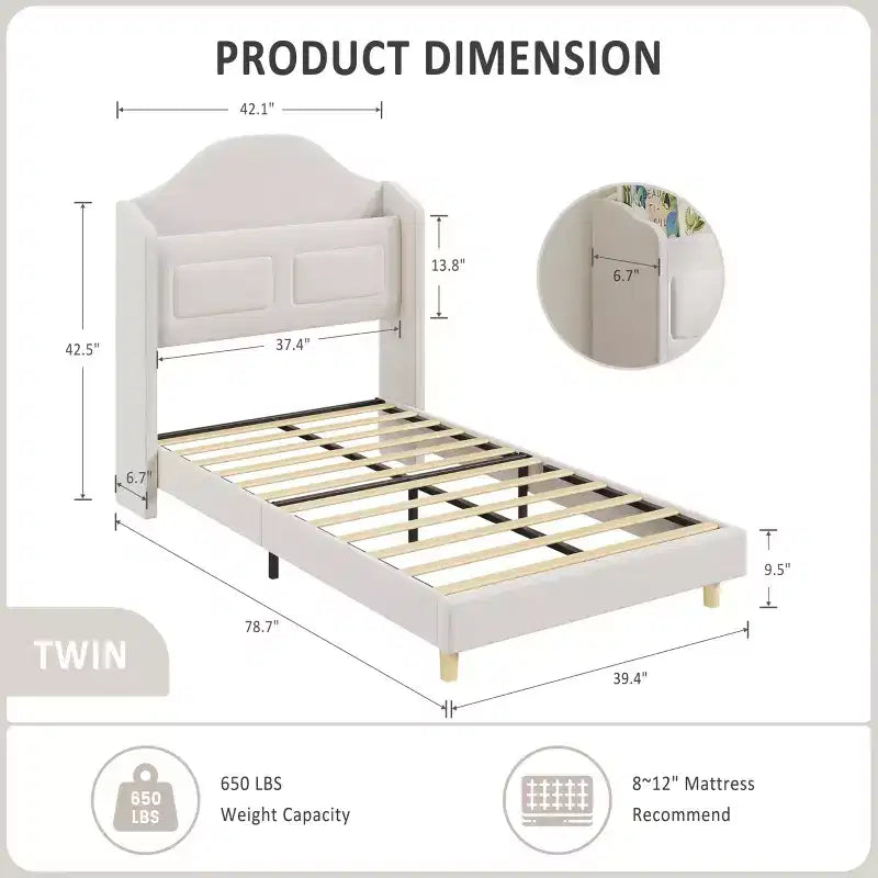 Cadre de lit double rembourré GustoWave, avec tête de lit de rangement à dossier ailé et lumières LED