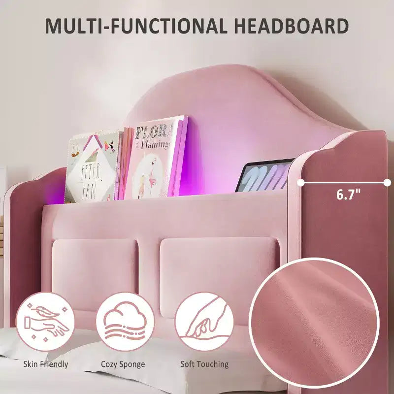 Cadre de lit double rembourré GustoWave, avec tête de lit de rangement à dossier ailé et lumières LED