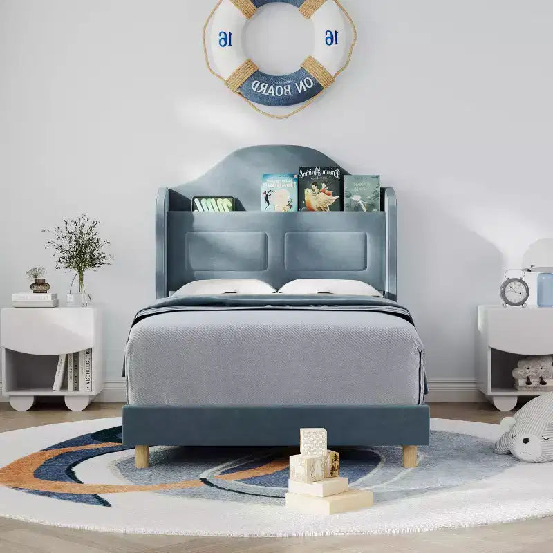 GustoWave Upholstered Twin Bed Frame, with Wing Back Storage Headboard and Led Lights